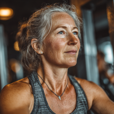 Люди середнього віку виконують легкі вправи в спортивному залі