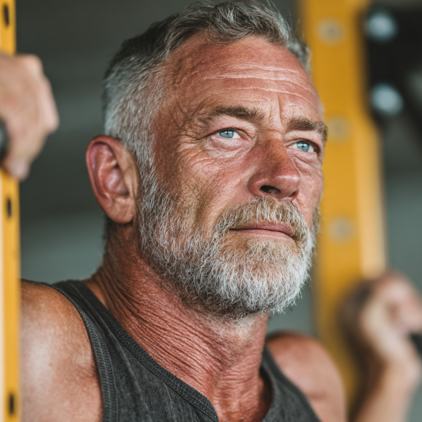 Група літніх людей займається йогою на свіжому повітрі