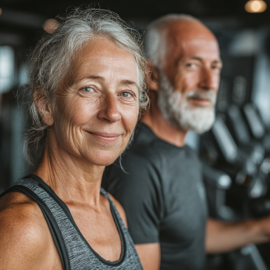 Старший чоловік та жінка займаються фітнесом з тренером